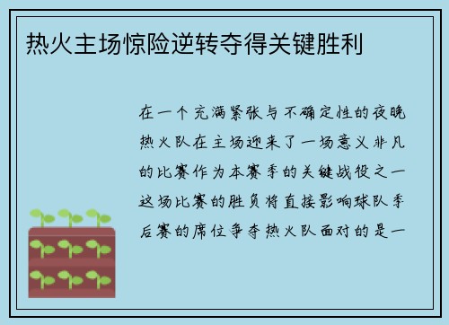 热火主场惊险逆转夺得关键胜利